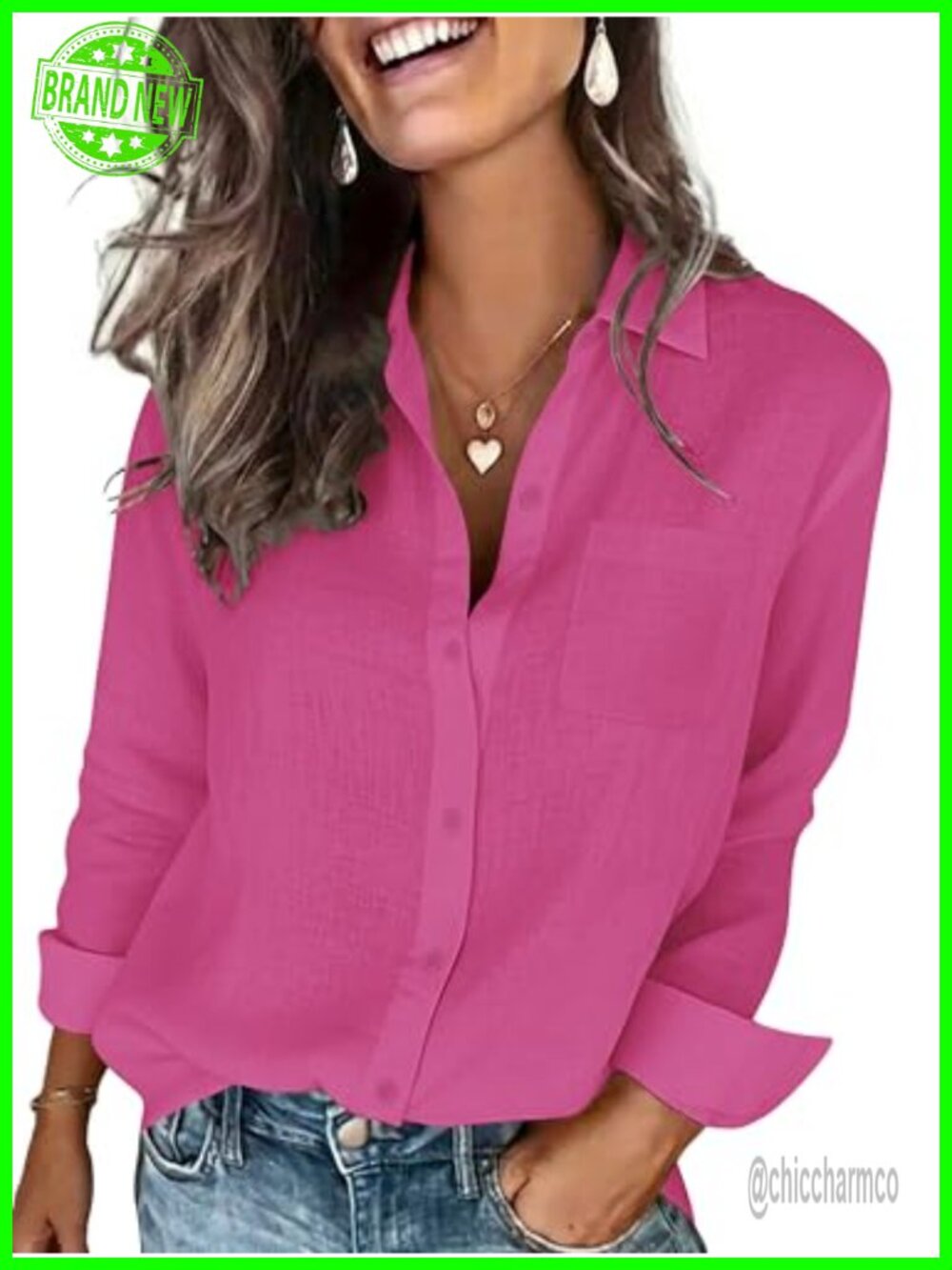 Womens Cotton Linen Textured Button Down Shirt Long Sleeve Blouse with Pocket